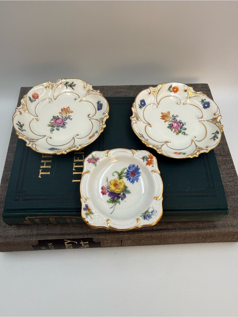 3 Vintage Floral Butter Pats Trinket Dishes Gold Accents